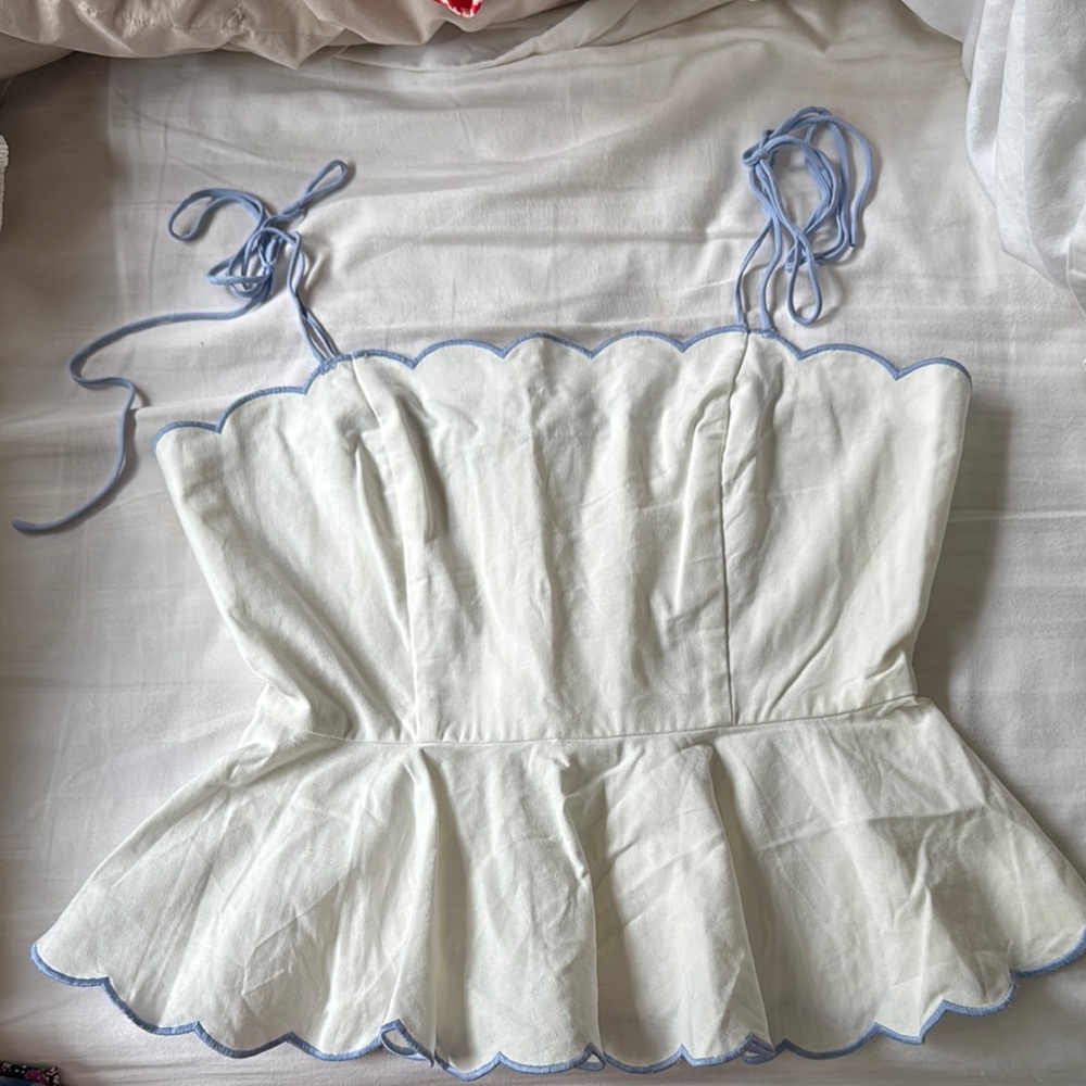 White Peplum Top with Blue Trim